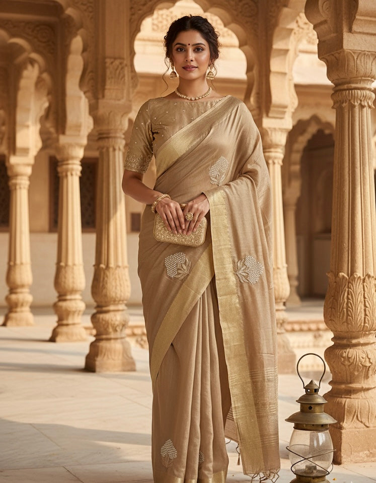 Gold Embroidered Silk Saree with Zari Border