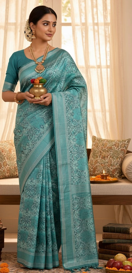 Teal Motif Print Saree
