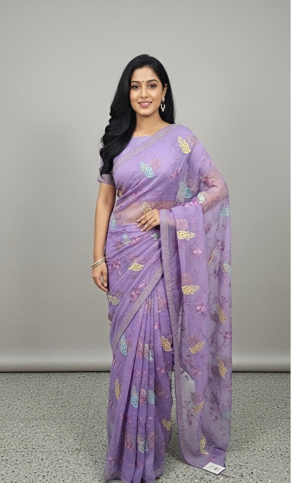 Organza Saree with Pastel Paisley & Floral Embroidery