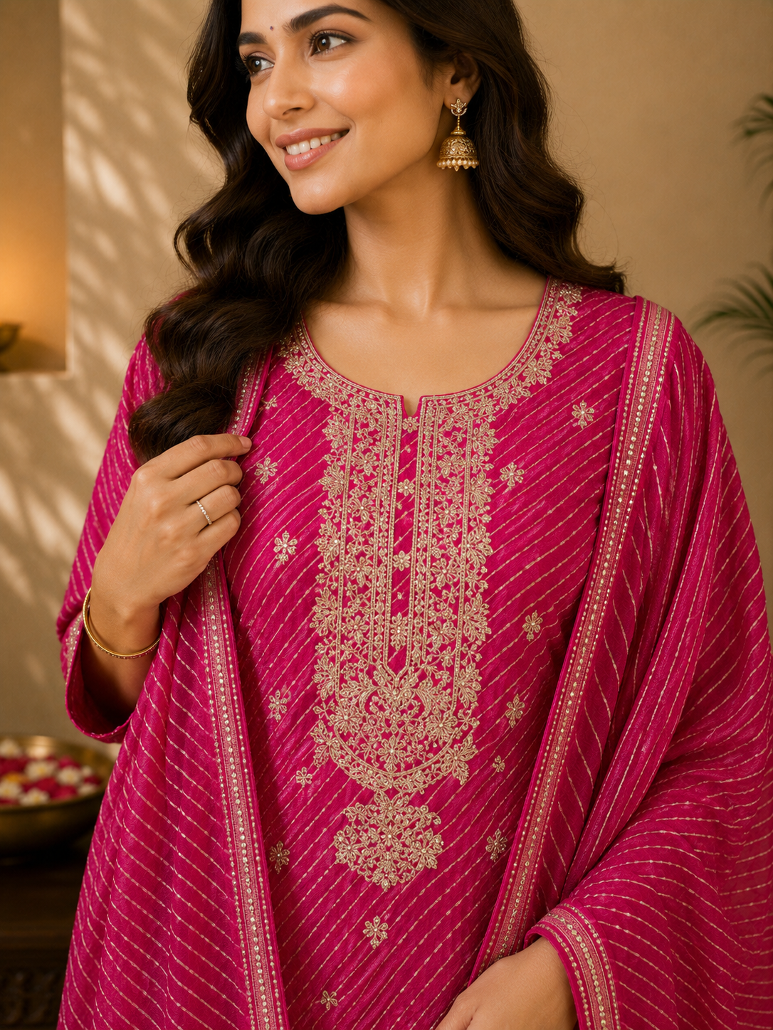 Rani Pink Embroidered Leheriya Set