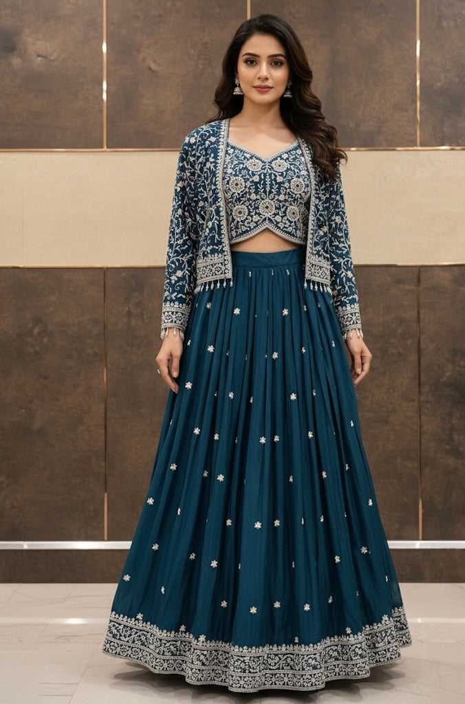 Teal Blue Georgette Lehenga Set with Intricate Embroidery