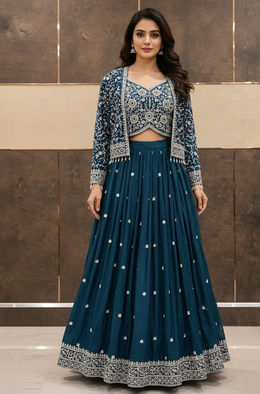 Teal Blue Georgette Lehenga Set with Intricate Embroidery