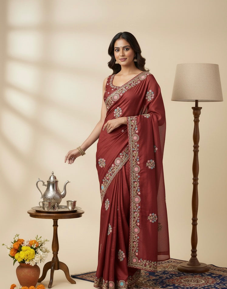 Embroidered Motif Silk Weave Saree