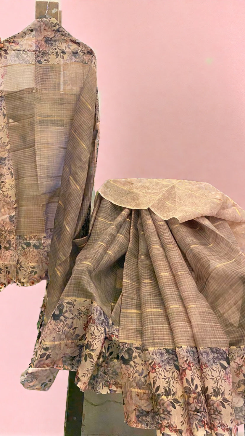 Muted Mauve Checked Linen Saree with Floral Border Detailing