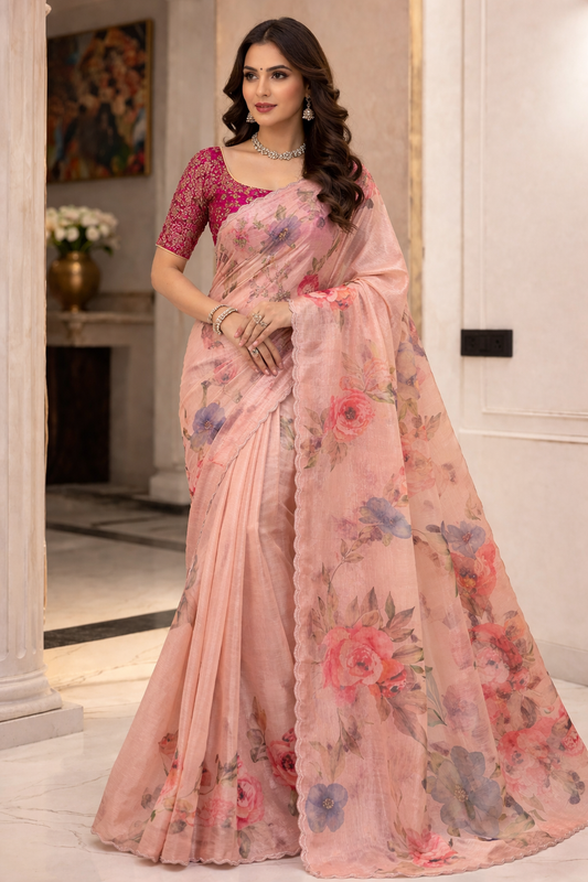 Soft Floral Organza Saree with Scalloped Border
