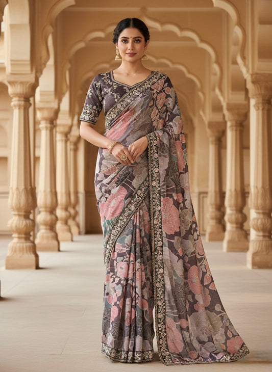 Midnight Blossom Floral Silk Blend Saree