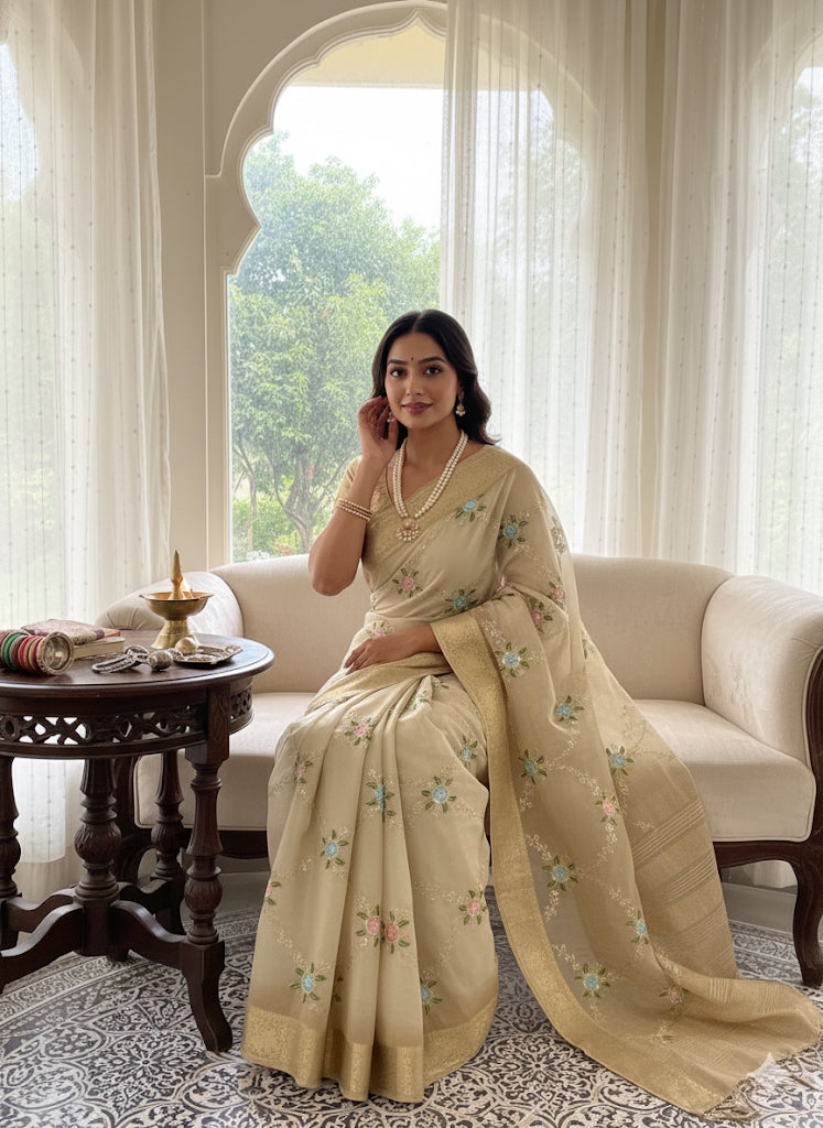 Ivory Gold Organza Saree with Multi-Thread Floral Embroidery