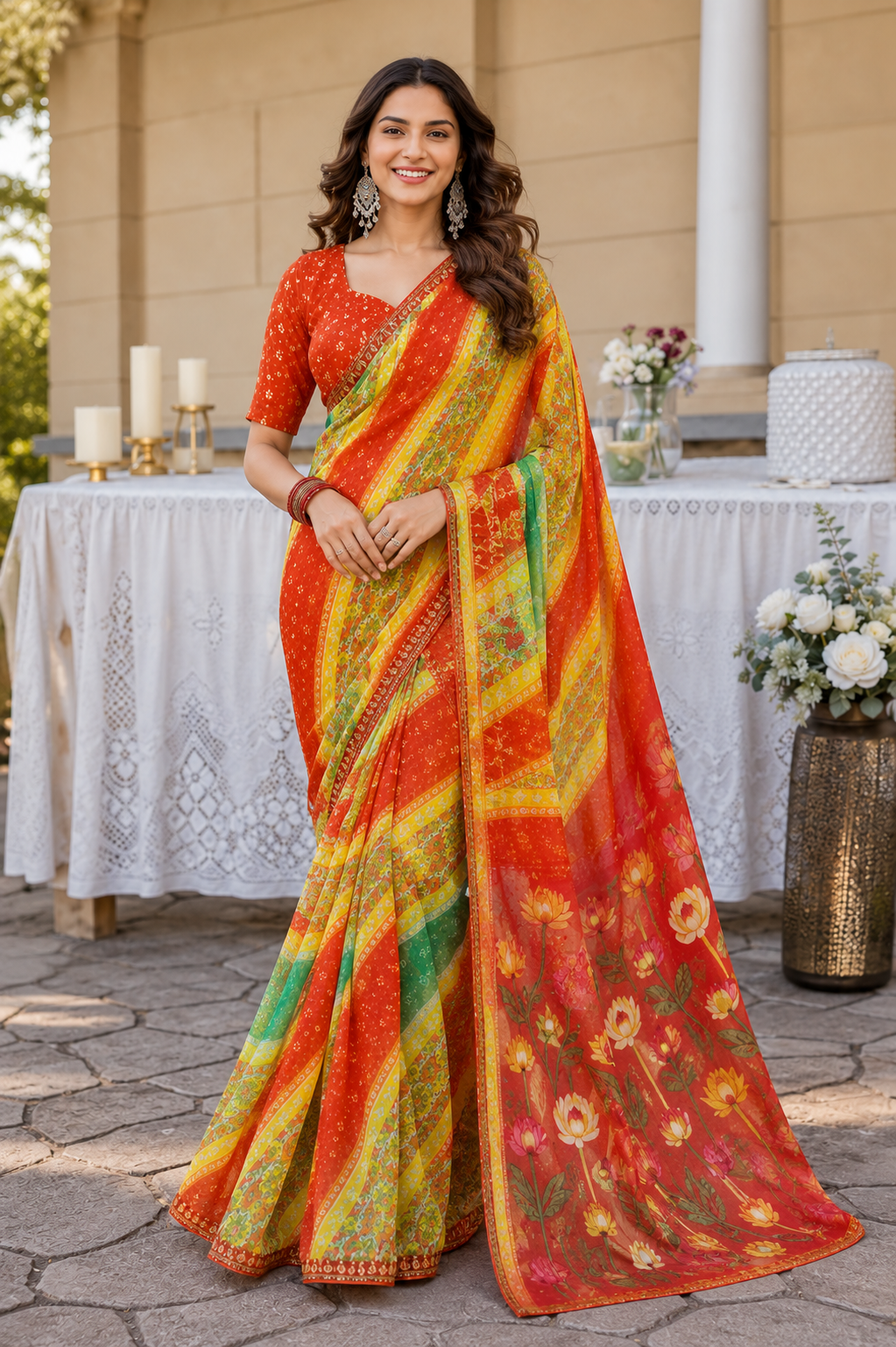 Heritage Mosaic Leheriya Printed Organza Saree