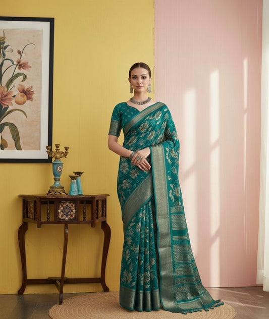 Woven Banarasi Silk Saree with Gold Zari Floral Motifs