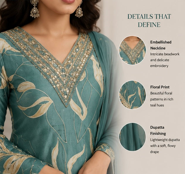 Teal Noor Floral Suit Set