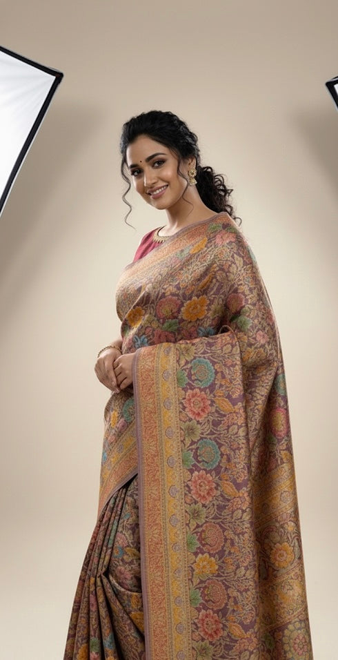 Multicolor Banarasi Weave Silk Saree with Floral Motifs & Antique Border