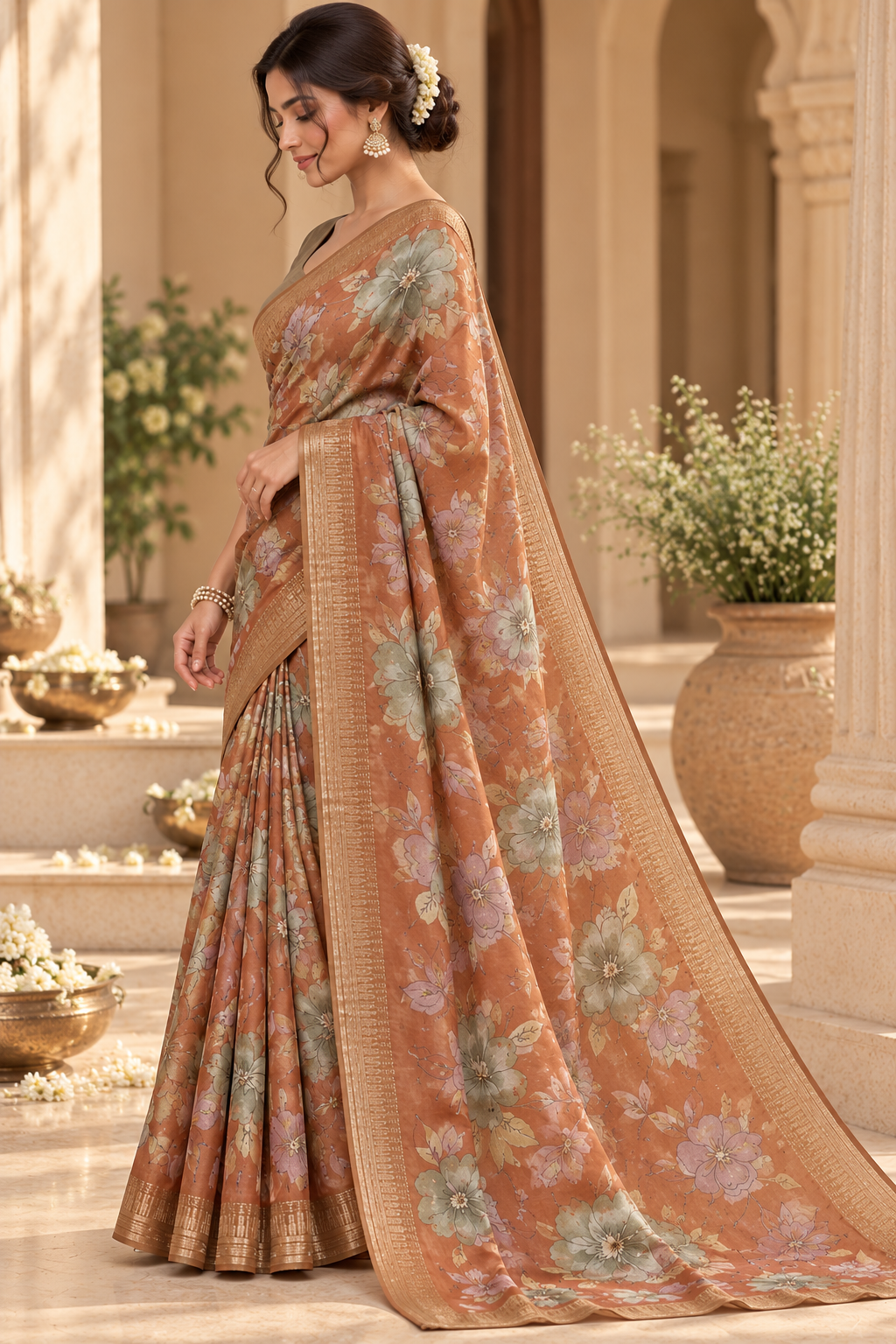 Mocha Blossom – Floral Grace Saree