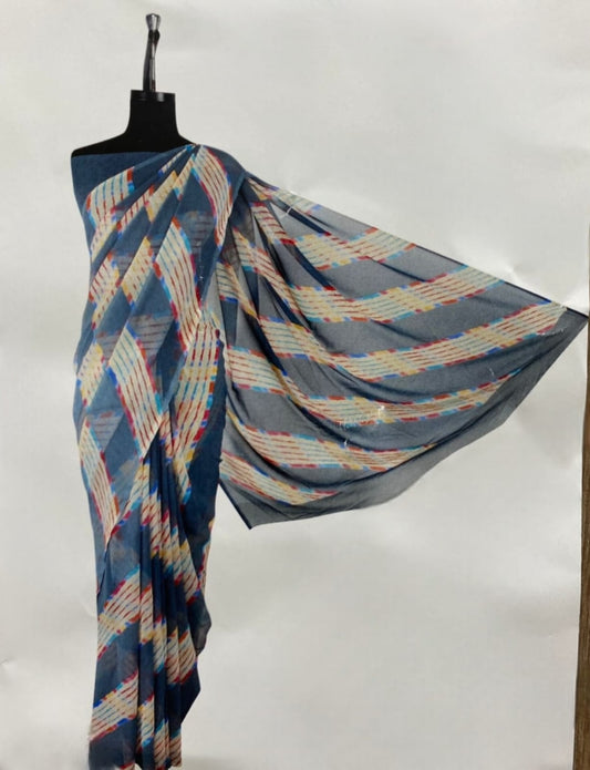 Grey Synthetic Lehriya Saree