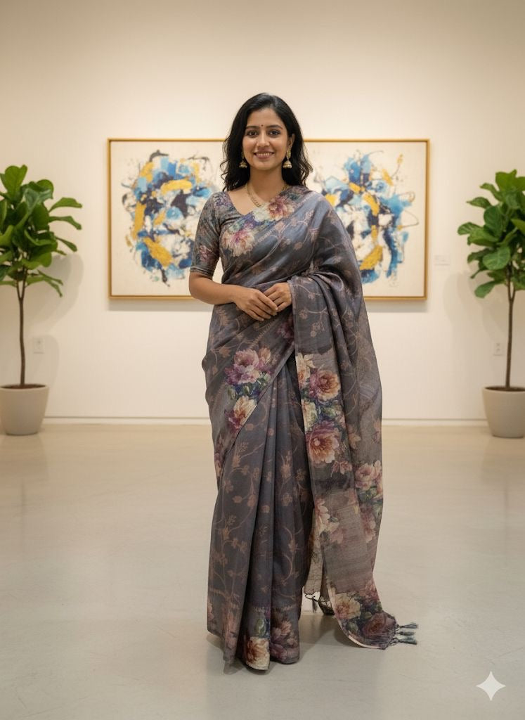 Organza Satin Saree with Digital Floral Print