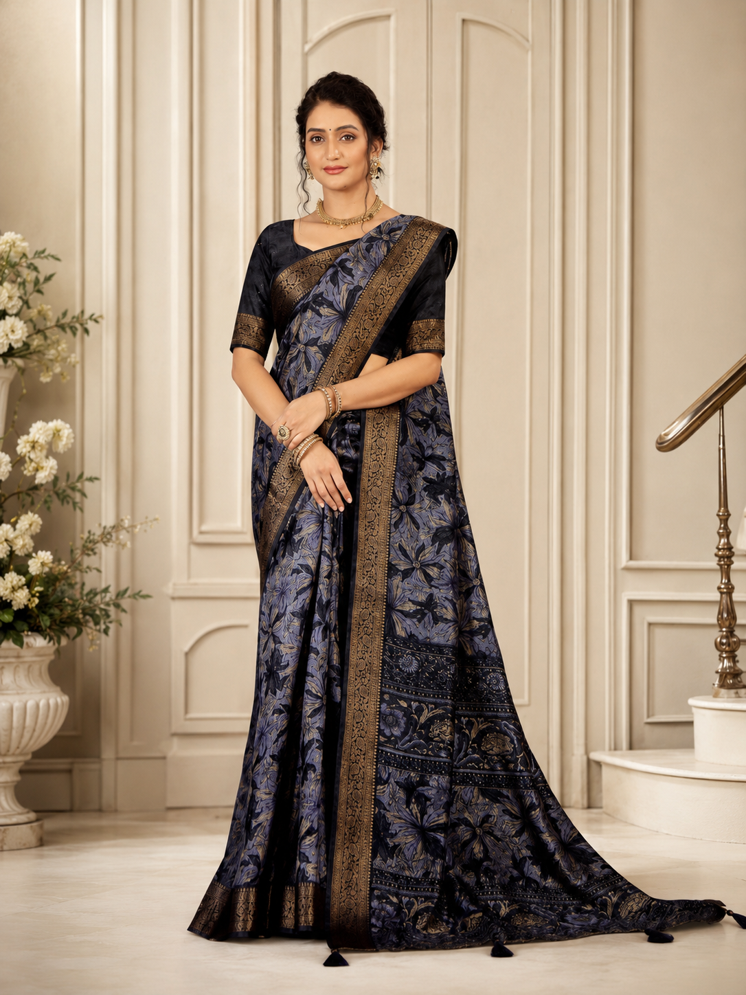 Midnight Bloom Printed Saree