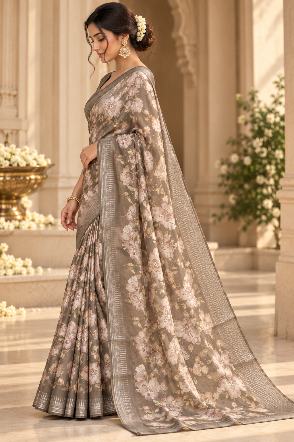 Mocha Blossom – Floral Grace Saree