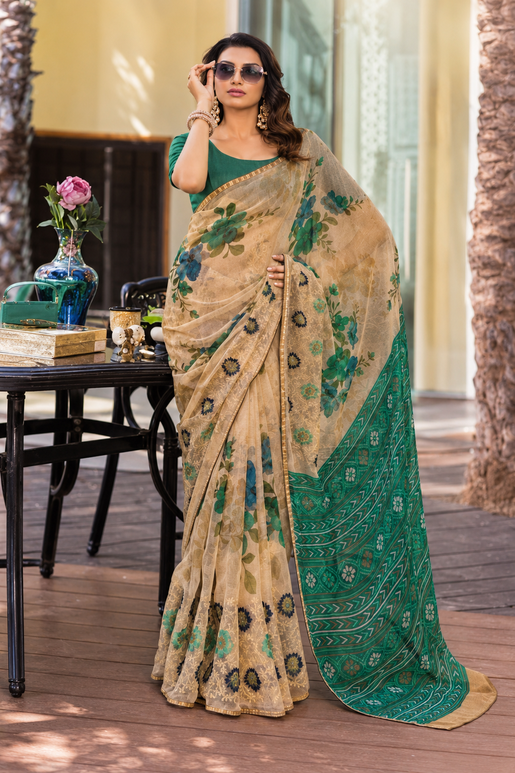 Teal Garden Printed Saree