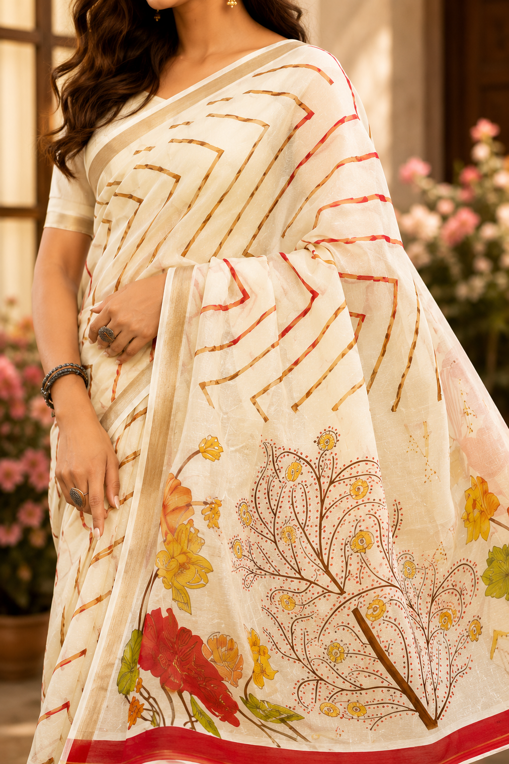Bloomscape Leheriya Printed Organza Saree