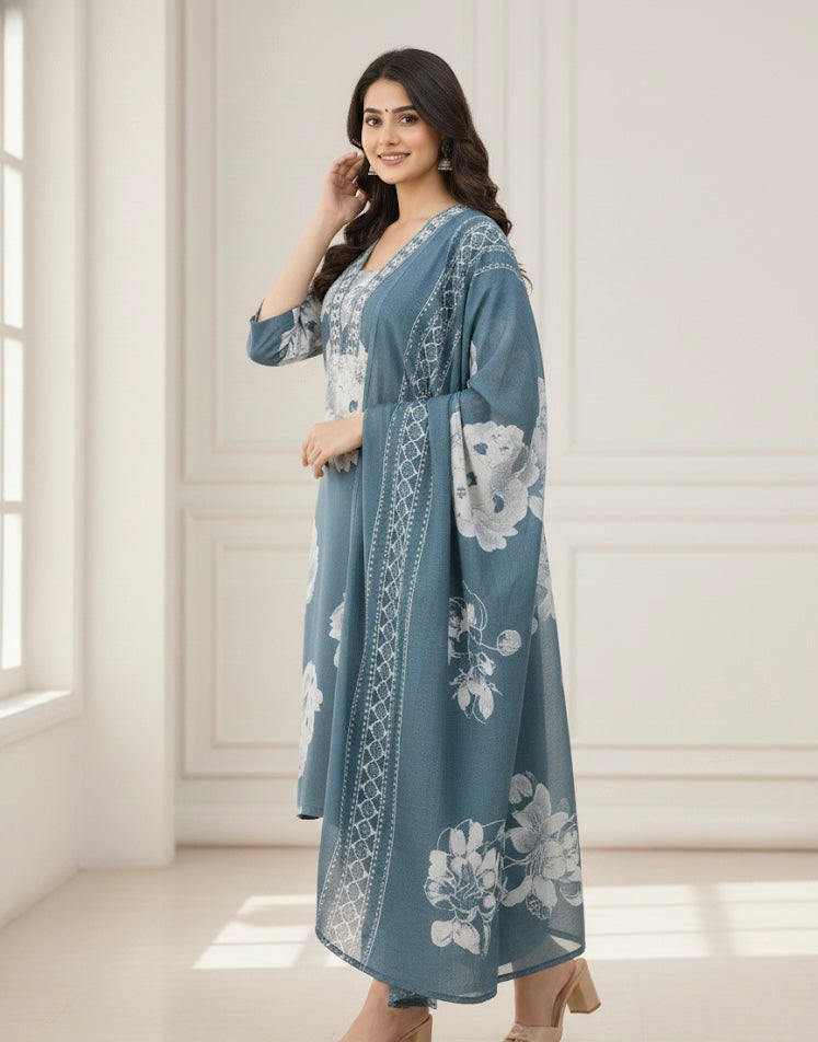 Slate Blue Floral Printed Kurta Set with Dupatta
