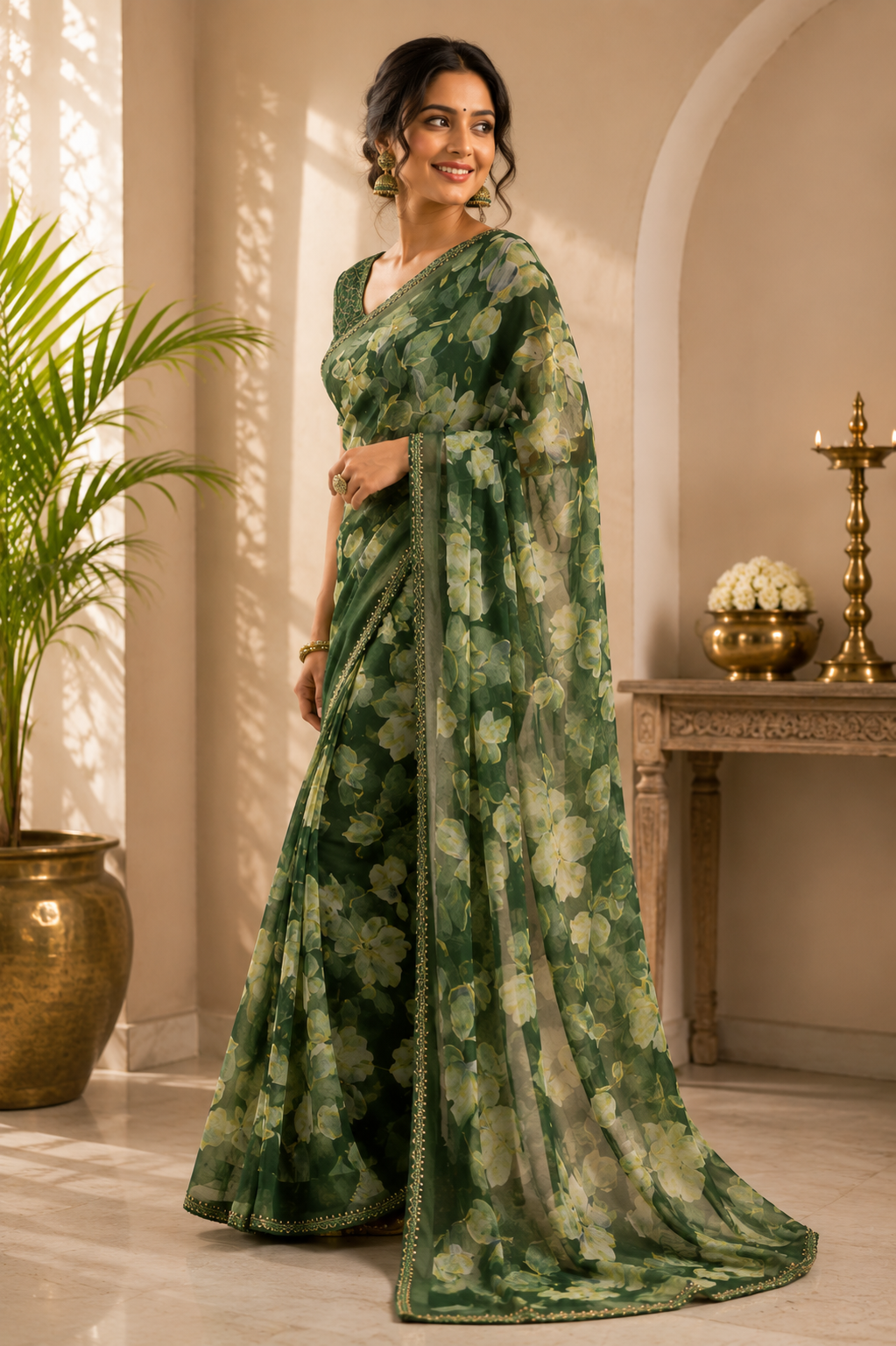 Emerald Bloom Floral Printed Saree