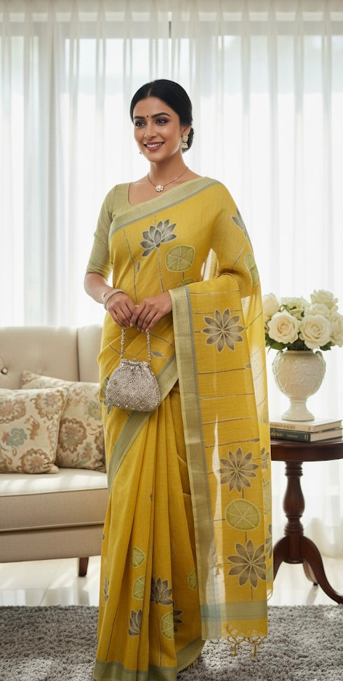 Handcrafted Linen Saree with Botanical Print