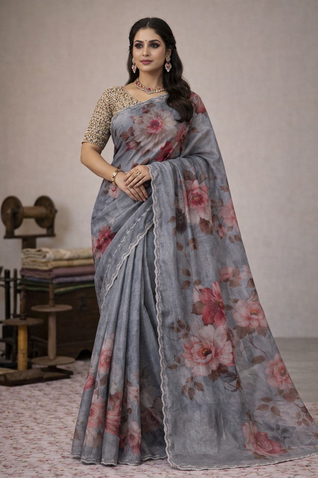 Soft Floral Organza Saree with Scalloped Border