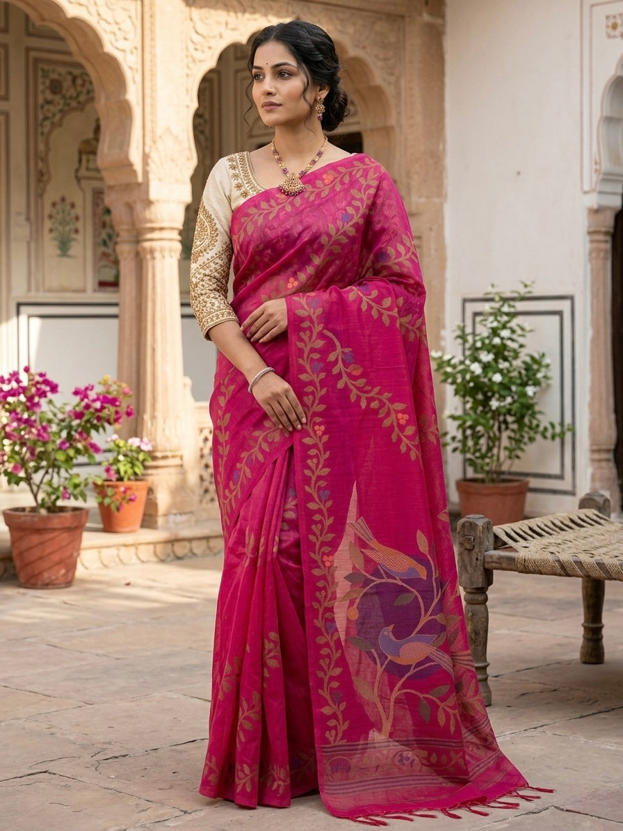 Handwoven Inspired Bird Motif Linen Saree