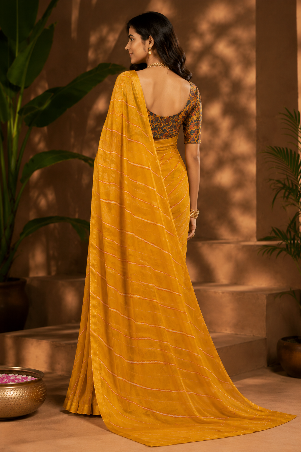 Mustard Leheriya Printed Linen Saree