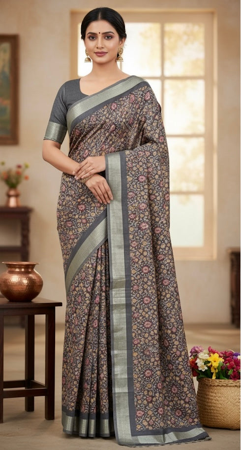Floral Jaal Silk Blend Saree with Zari Border