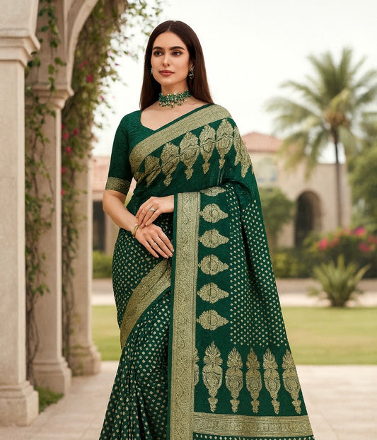 Deep Emerald Green Woven Silk Saree with Heavy Gold Zari Work