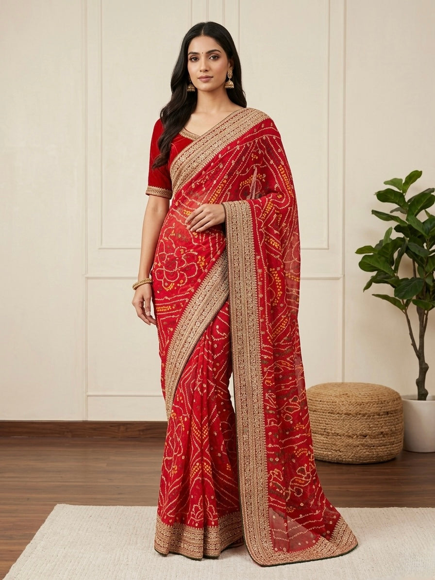 Rang Mahal Crimson Bandhani Saree