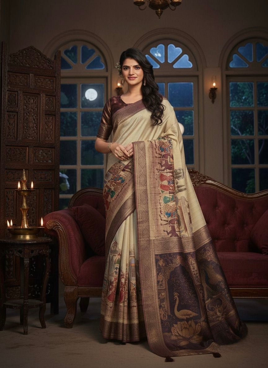 Ivory Heritage Narrative Print Silk Blend Saree