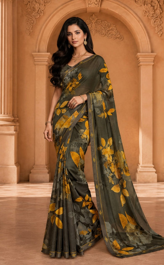Olive Ember Botanical Saree