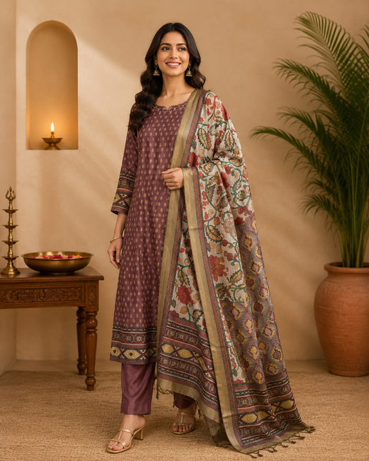 Mauve Printed Kurta Pant Dupatta Set