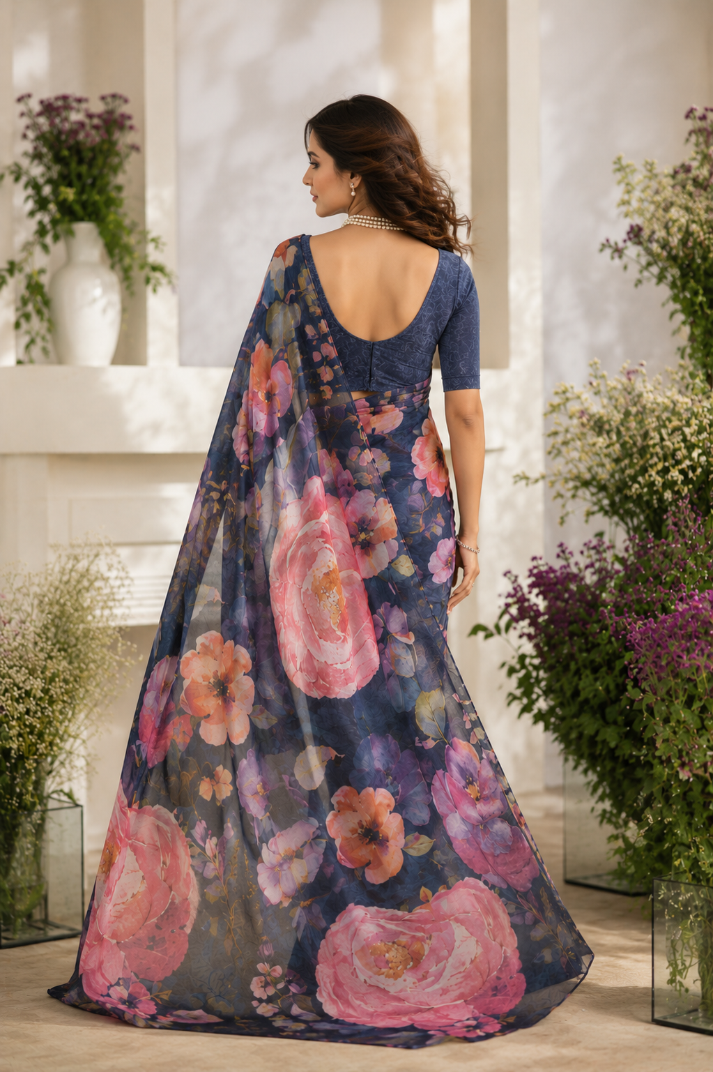Midnight Bloom Floral Organza Saree
