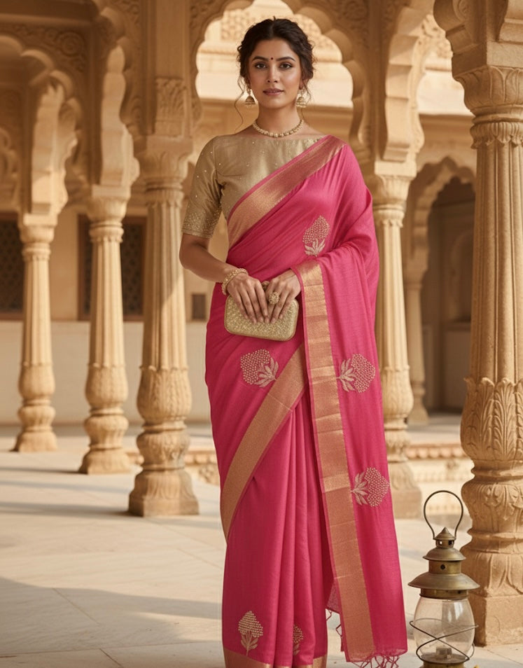 Gold Embroidered Silk Saree with Zari Border