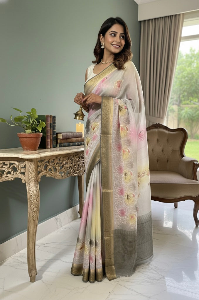 Pastel Floral Printed Saree with Gold Border