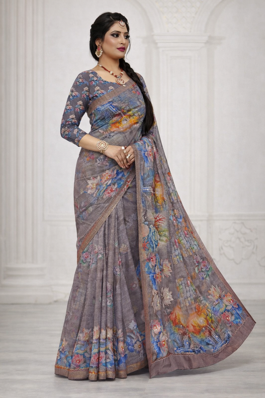 Artistic Linen Digital Print Saree