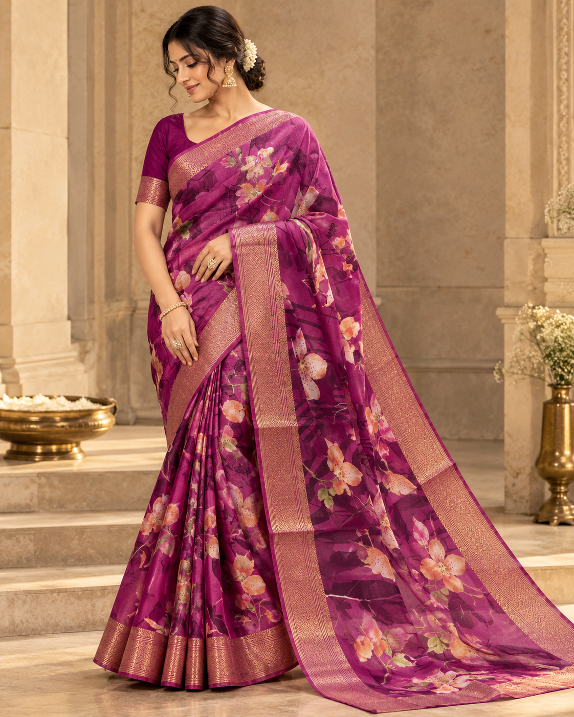 Amethyst Bloom – Floral Border Elegance Saree