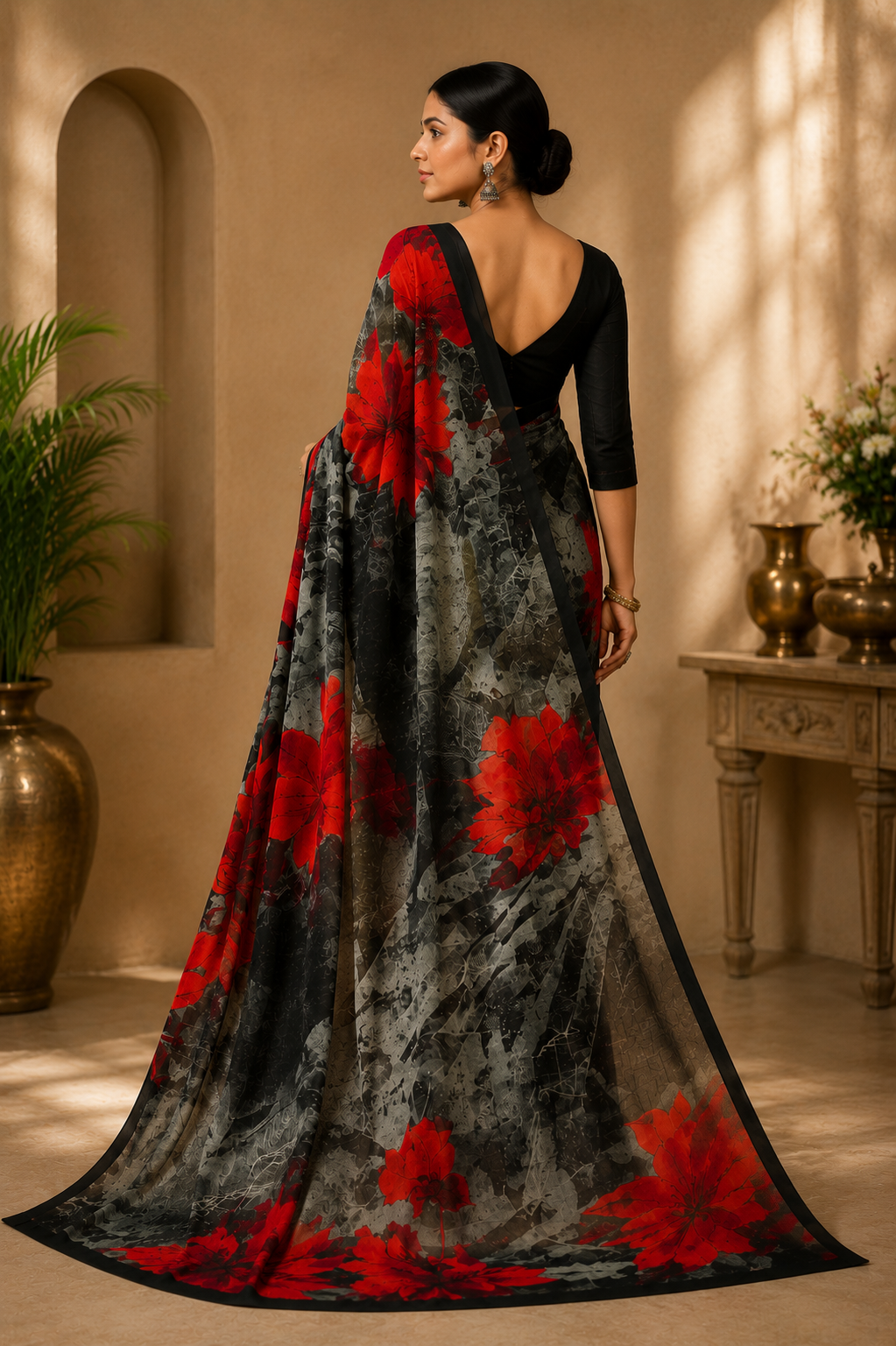 Midnight Scarlet Floral Saree