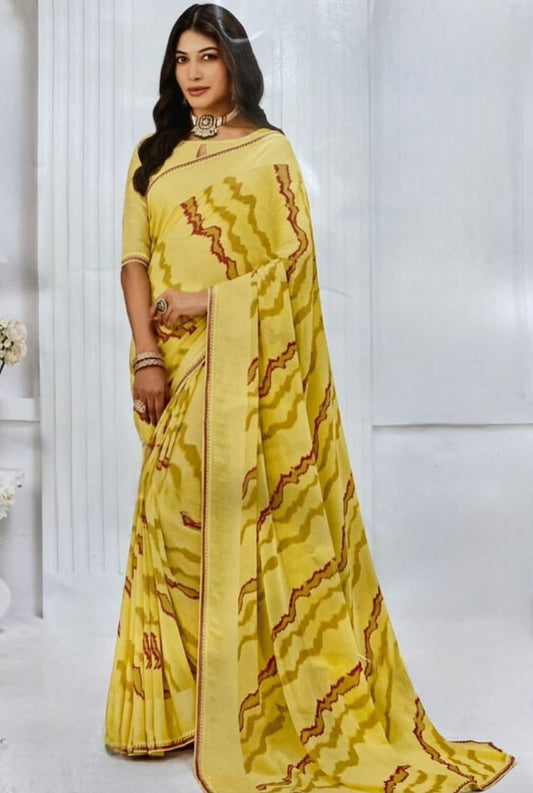 Sunshine Yellow Lehriya Printed Liva Cotton Saree
