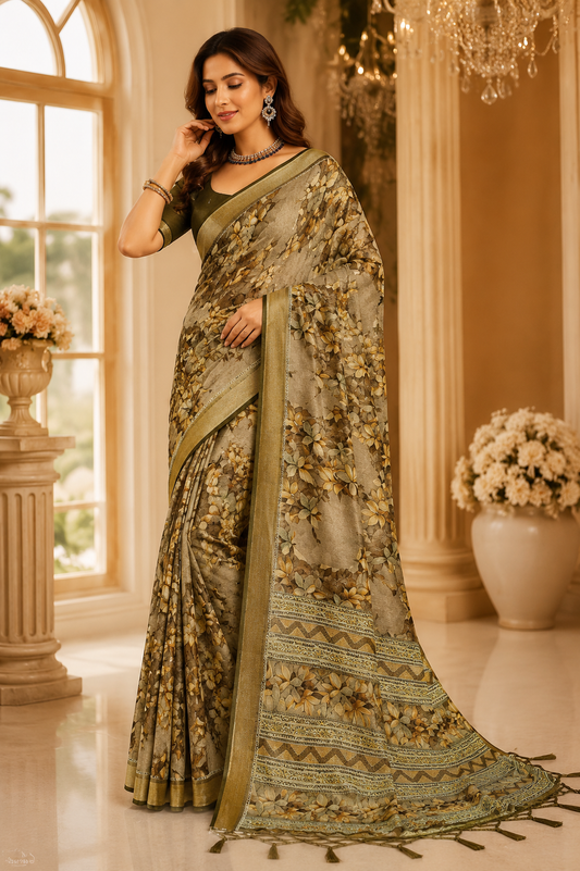 Olive Meadow Floral Printed Saree