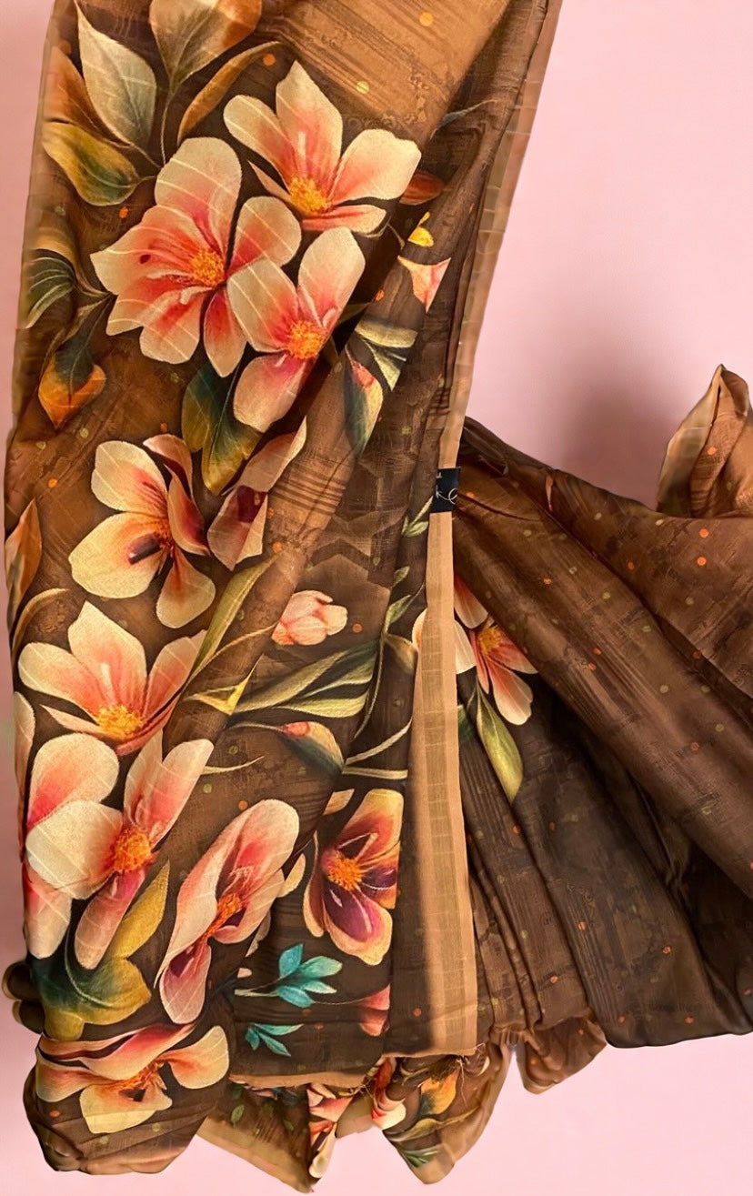 Chocolate Brown Saree with Oversized Floral Motifs