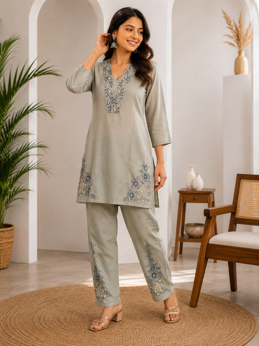 Sage Bloom Embroidered Co-Ord Set