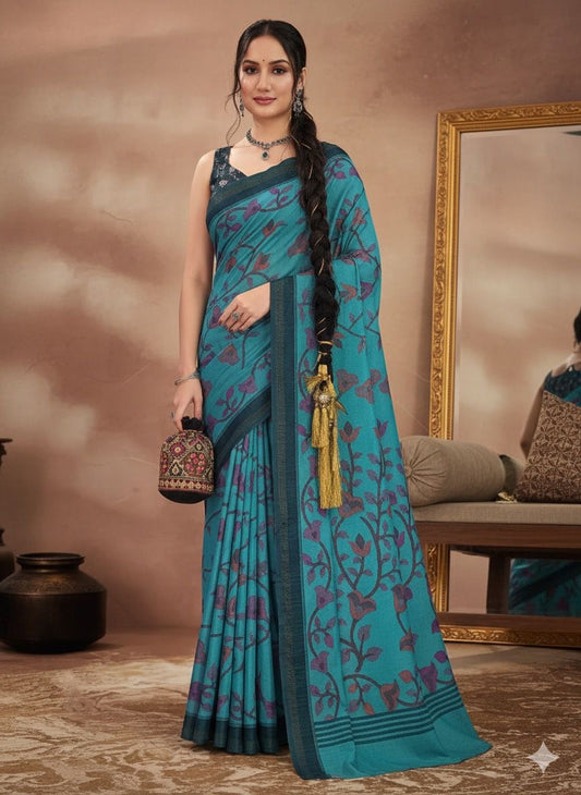 Linen Blend Saree with Woven Floral Motifs
