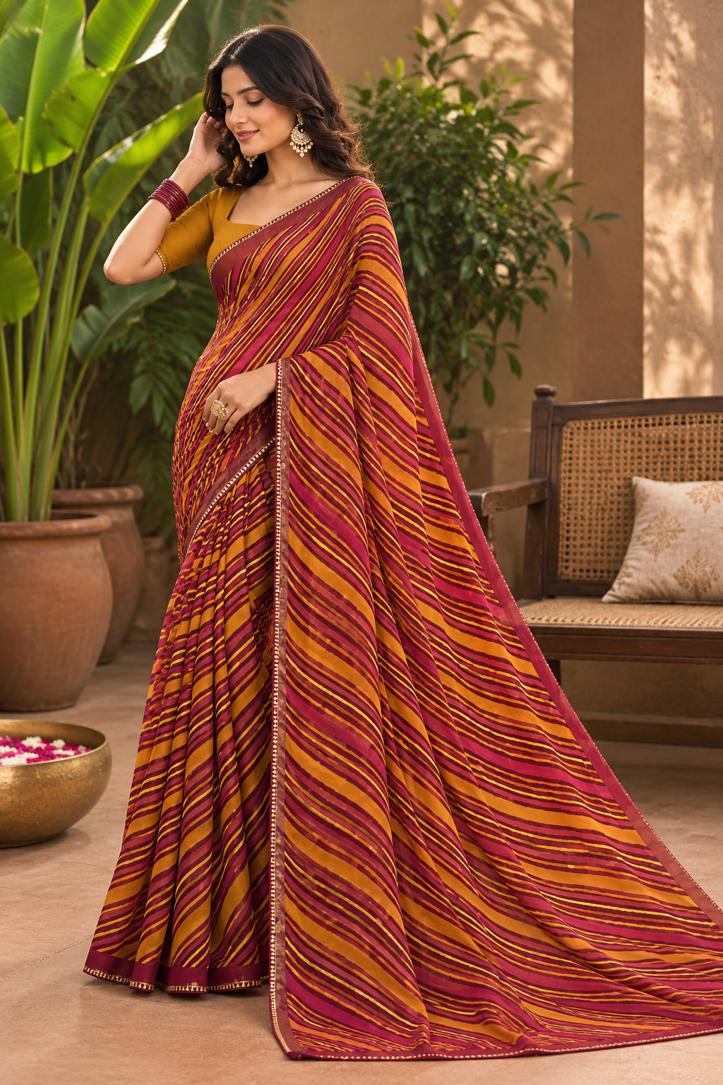 Rust Maroon Leheriya Printed Linen Saree