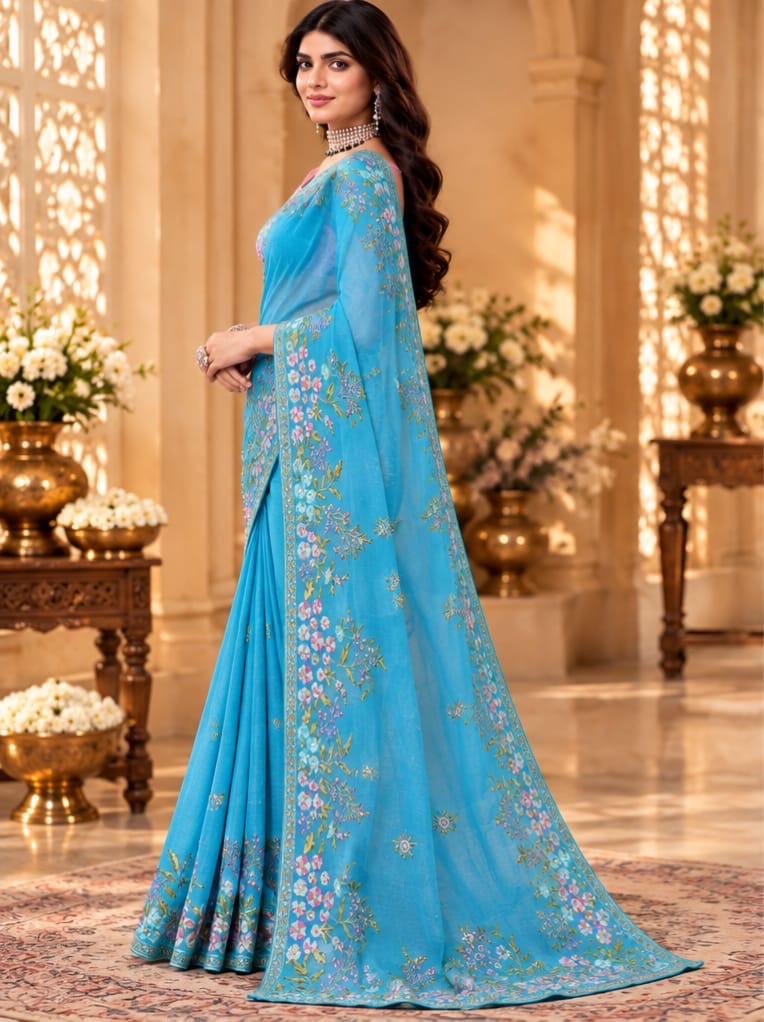 Azure Bloom Embroidered Elegance Saree