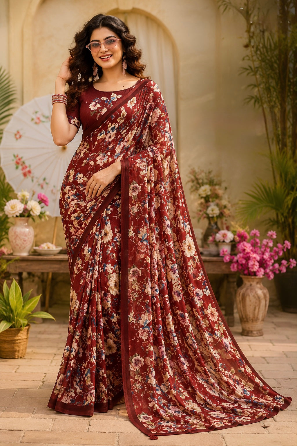 Burgundy Floral Charm Saree