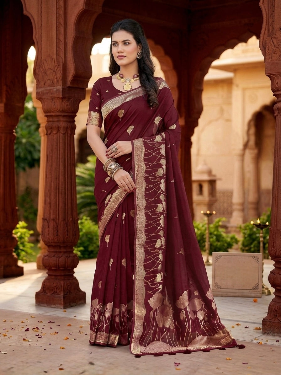 Wine Maroon Gold Zari Floral Elegance Saree