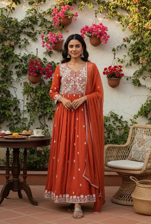 Rust Orange Thread Embroidered Anarkali with Chikankari-Inspired Dupatta